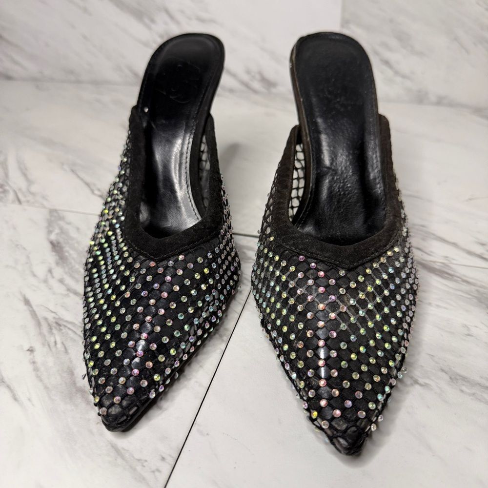 Rhinestone Mesh Heeled Mules / Pointed Toe Slip-On Pumps